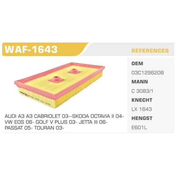 WINKEL WAF-1643 Hava Filtresi Golf V Bora II Jetta III Passat Touran / A3 / Octavia 1.6 Fsı Blf 