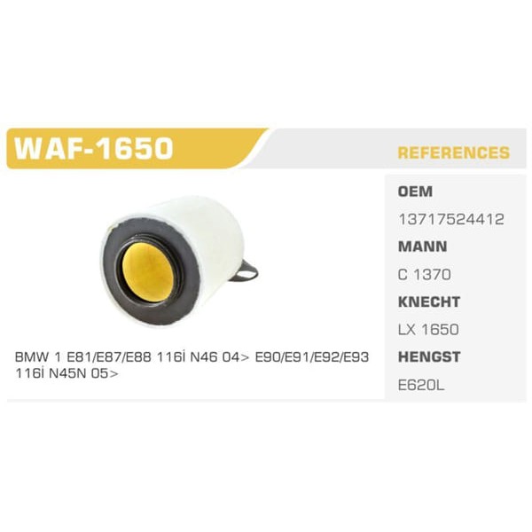 WINKEL WAF-1650 Hava Filtresi Bmw 1 Bmw 3 116I 316I Koli: 40 Ad.