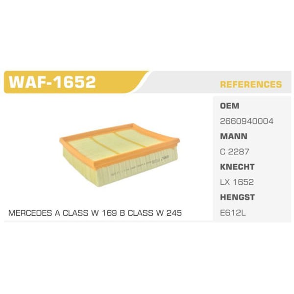 WINKEL WAF-1652 Hava Filtresi Mercedes A150 A160 A170 A180 A200 B150 B160 B170 B180 B200 Koli: 36 Ad