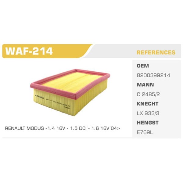 WINKEL WAF-214 Hava Filtresi CLIO III Modus / Micra K12 05-11 Note 07-11 1.4 1.6 16V 1.5 DCI