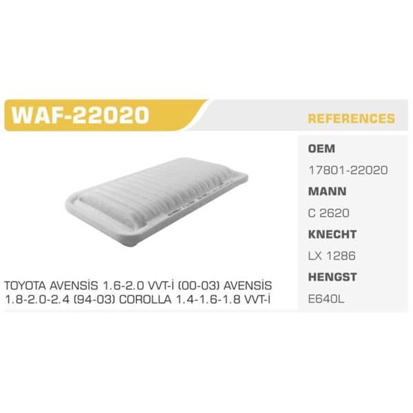WINKEL WAF-22020 Hava Filtresi Corolla 03-07 Avensis 03-08 1.4 1.6 Vvtı 