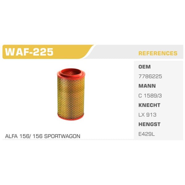 WINKEL WAF-225 Hava Filtresi 156 1.6 16V 1.8 16V Koli: 20 Ad.