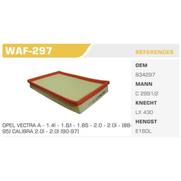 WINKEL WAF-297 Hava Filtresi Vectra A Calıbra A 2.0 C20Ne Koli: 36 Ad. 