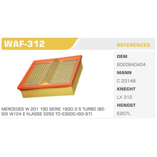 WINKEL WAF-312 Hava Filtresi Mercedes 190 Serisi W201 190D 2.5 Turbo 122Hp Koli: 20 Ad. 