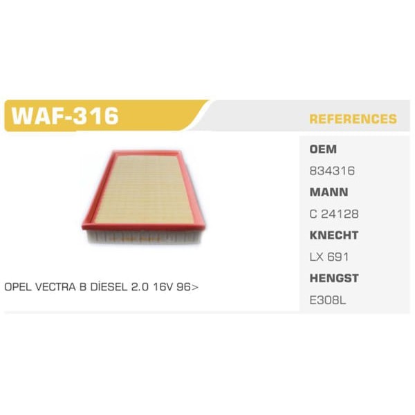 WINKEL WAF-316 Hava Filtresi Vectra B 2.0D Koli: 30 Ad.
