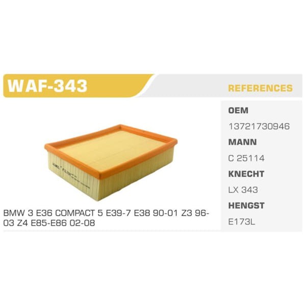 WINKEL WAF-343 Hava Filtresi Bmw 3 Bmw 5 Bmw 7 Bmw Z3 Bmw Z4 Bmw Z5 Bmw X3 116I 118I 218I 316I Koli: