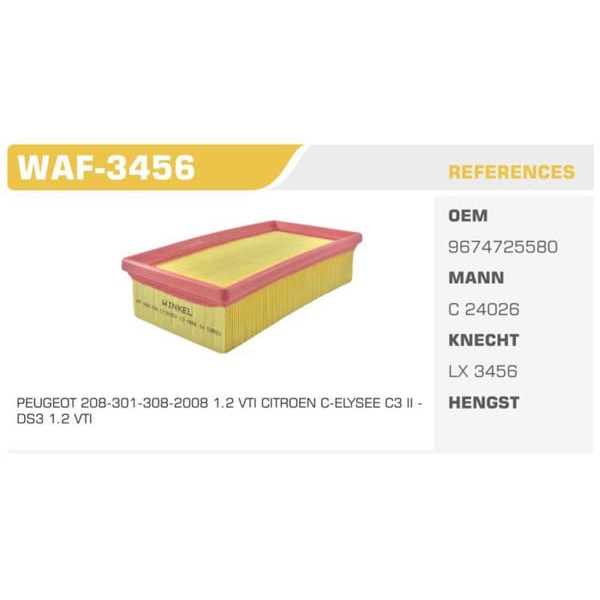 WINKEL WAF-3456 Hava Filtresi 208 301 308 II 2008 / C-Elysee 12- C3 II 12- Ds3 12- 1.2 Vtı 