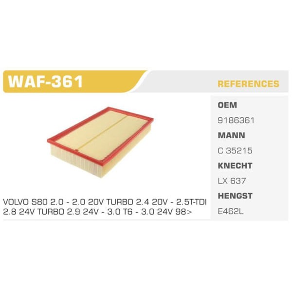 WINKEL WAF-361 Hava Filtresi S80 98- 2.0 2.4 2.5TDI 3.0 Koli: 24 Ad.