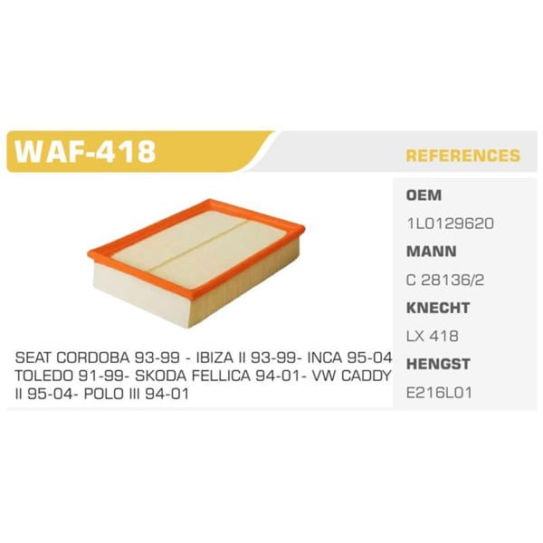 WINKEL WAF-418 Hava Filtresi Polo Classıc Caddy II 95- / Cordoba 93-99 Toledo I Ibiza II / Felıcıa 1
