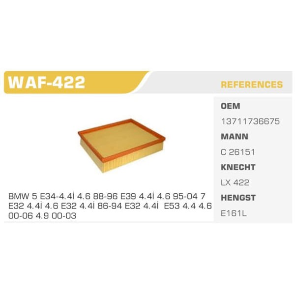 WINKEL WAF-422 Hava Filtresi Passat 96- / A4 95- A6 97- / Superb 1.8 1.8T 1.9 TDI Koli: 24 Ad.