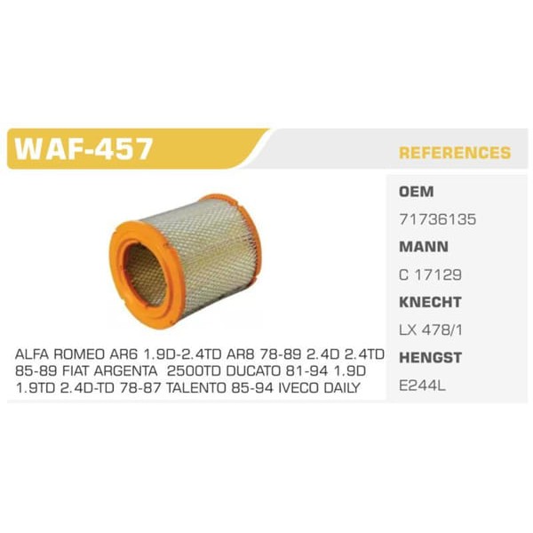 WINKEL WAF-457 Hava Filtresi Ducato / Boxer / Jumper 94-02 2.5D Kısa Koli: 20 Ad. 