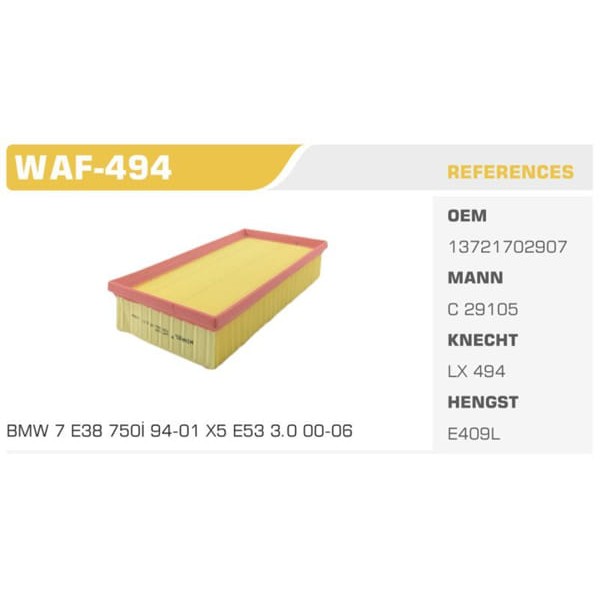 WINKEL WAF-494 Hava Filtresi Bmw 7 Bmw X5 Alpına B12 Bmw X7 Koli: 20 Ad. 