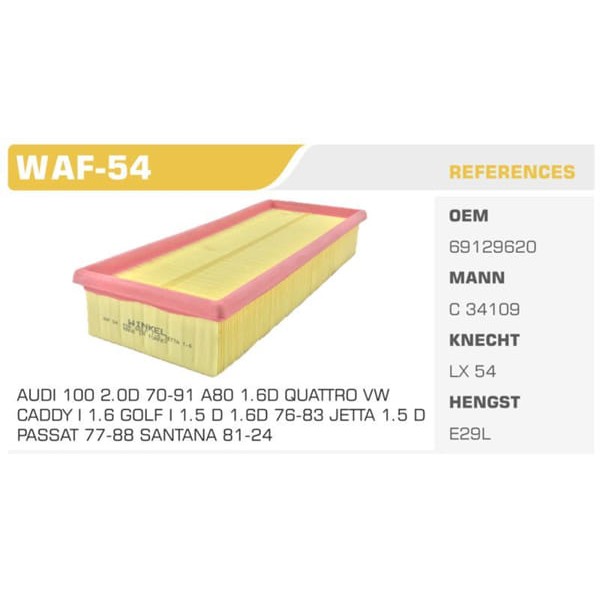 WINKEL WAF-54 Hava Filtresi Golf Jetta / 80 1.6D Koli: 38 Ad.