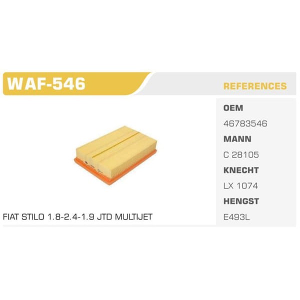 WINKEL WAF-546 Hava Filtresi Bravo 07- Stilo 01- 1.9 Jtd 1.9D Mtj Koli: 24 Ad. 