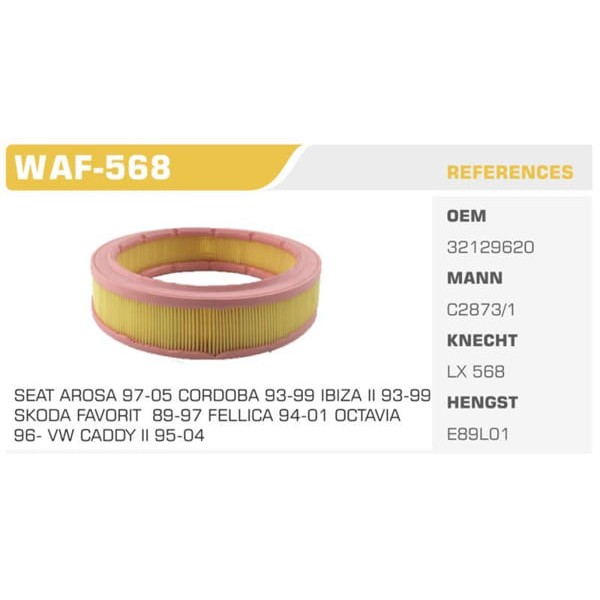 WINKEL WAF-568 Hava Filtresi Golf III 91-97 Polo Classıc Caddy II 95-04 / 80 100 / Cordoba 93-99 Ibi 