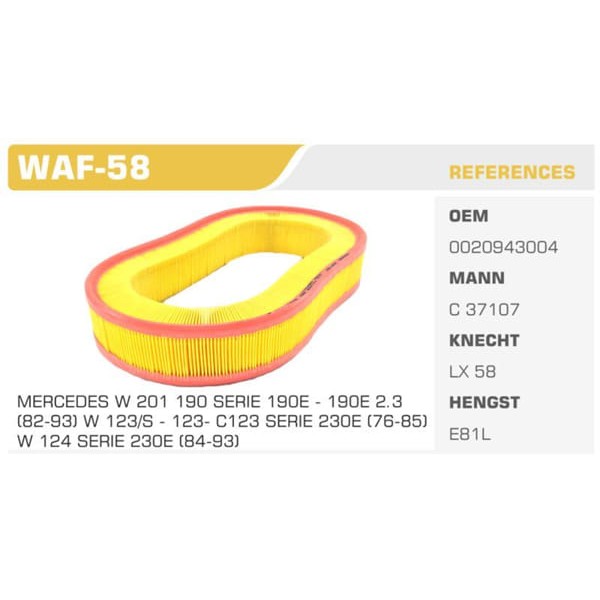 WINKEL WAF-58 Hava Filtresi Mercedes W201 190 Serıe 122Hp 82-93 Koli: 22 Ad.
