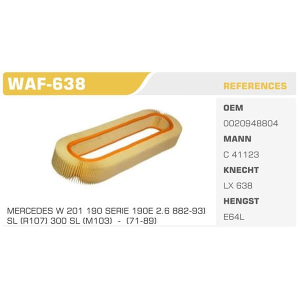 WINKEL WAF-638 Hava Filtresi Mercedes 190 Serıe W201 190 E 2.6 160Hp 86-93 Koli: 16 Ad.