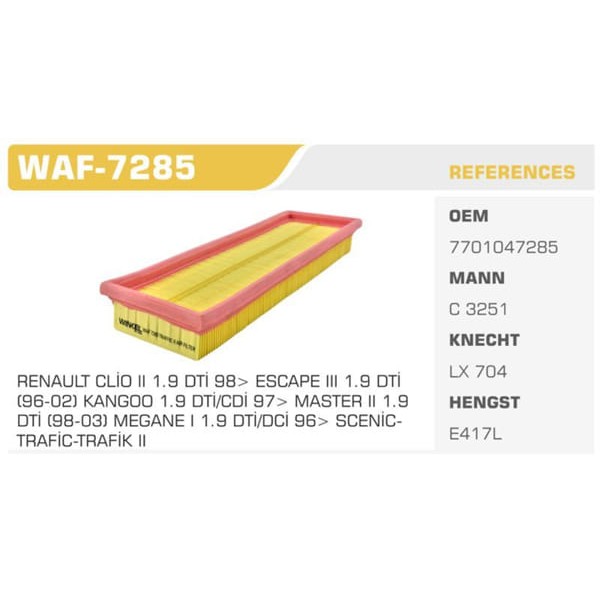 WINKEL WAF-7285 Hava Filtresi CLIO II Kangoo Megane I Laguna Trafic II / Vivaro A Movano A 1.9 Dtı 1