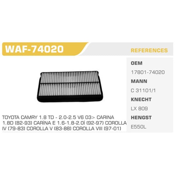 WINKEL WAF-74020 Hava Filtresi Corona At191 3S 92-97 Camry 88-91 Carına 88-92 2.0D Koli: 20 Ad. 