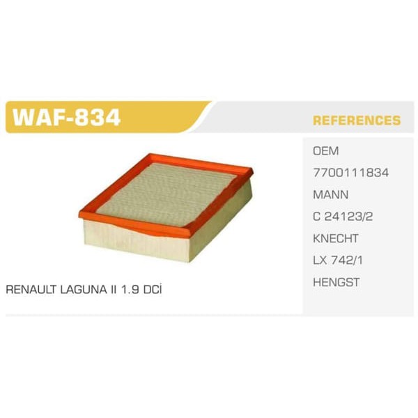 WINKEL WAF-834 Hava Filtresi Laguna II 00- Espace IV 06- 1.9 DCI 2.0 DCI 2.2 DCI 1.6 16V 2.0 16V 2.0