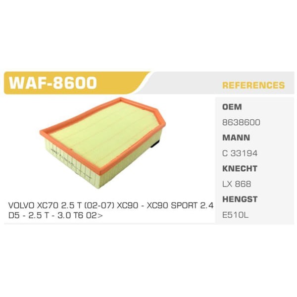 WINKEL WAF-8600 Hava Filtresi Xc70 02- Xc90 02- 2.5T T6 D5 Koli: 20 Ad. 