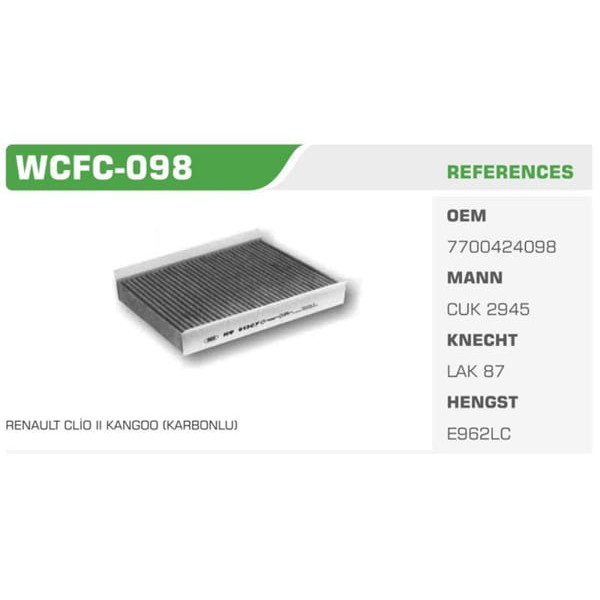 WINKEL WCFC-98 Polen Filtresi CLIO II / Kubıstar Karbonlu Koli: 96 Ad.