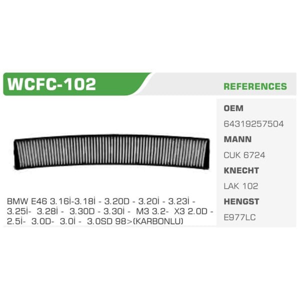 WINKEL WCFC-102 Polen Filtresi Bmw 3 E46 00-05 Bmw X3 E83 03-11 Karbonlu 