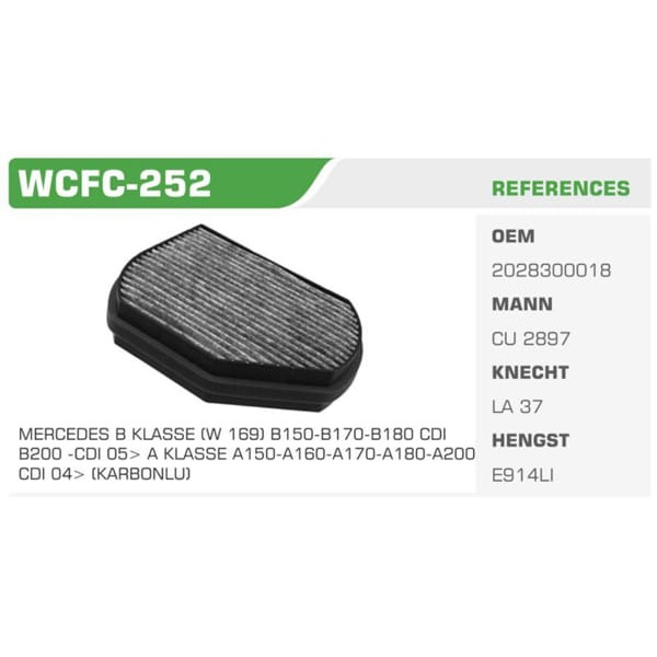 WINKEL WCFC-252 Polen Filtresi Mercedes Class A W169 Karbonlu Koli: 28 Ad.