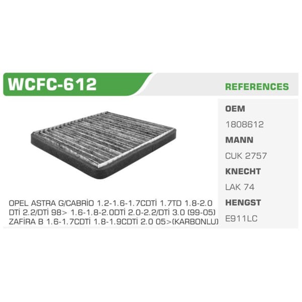 WINKEL WCFC-612 Polen Filtresi Astra G 98- Zafira A Karbonlu Koli: 36 Ad. 