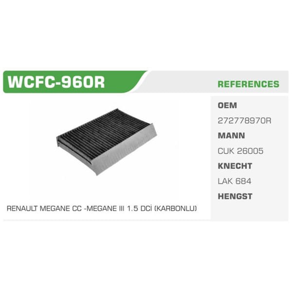 WINKEL WCFC-960R Polen Filtresi Megane III Fluence Karbonlu Koli: 36 Ad.