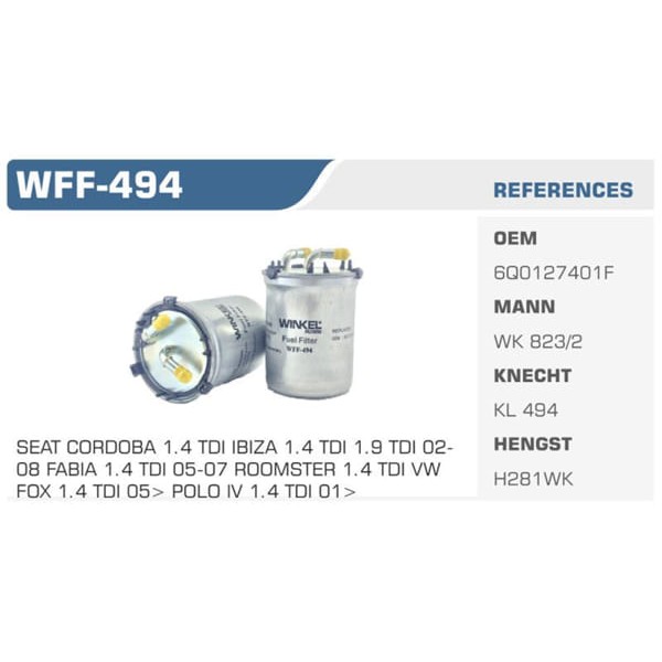 WINKEL WFF-494 Mazot Filtresi Polo V Polo 9N Polo 6R / Fabia 1.4 TDI 1.6 TDCI Koli: 24 Ad.