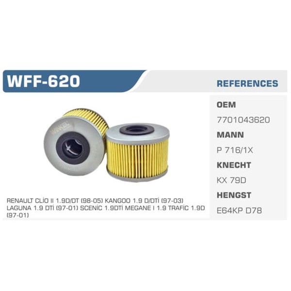 WINKEL WFF-620 Mazot Filtresi CLIO II 00-05 Kangoo 98- Megane 97-99 Laguna I 97-01 Trafic 89-01 1.9D