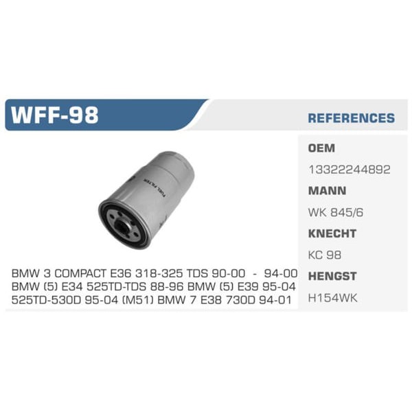 WINKEL WFF-98 Mazot Filtresi Bmw E36 318Tds 325Td 325Tds E34 Td 525Tds E39 525Td 525Tds Koli: 50 Ad.