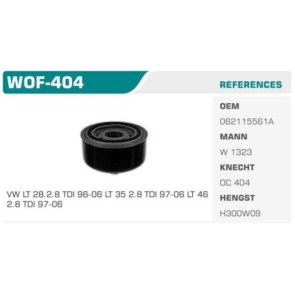 WINKEL WOF-404 Yağ Filtresi Lt35 97-06 Lt46 2.8 TDI Ata Koli: 20 Ad. 