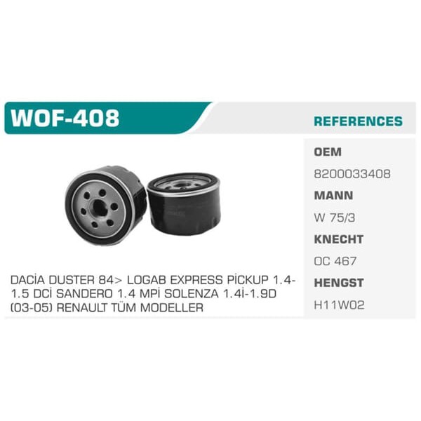 WINKEL WOF-408 Yağ Filtresi R19 CLIO I II III Express Kangoo Megane I II Laguna I II Scenic Modus /