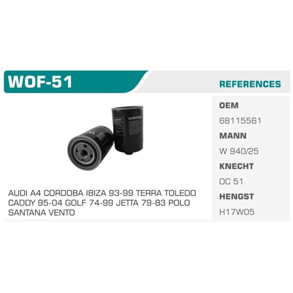 WINKEL WOF-51 Yağ Filtresi Golf III 83-99 Polo 82-96 Jetta 80-91 Passat 80-96 Caddy II 95-04 Transpo