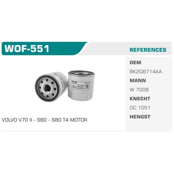 WINKEL WOF-551 Yağ Filtresi Fiesta V 02- Focus II III Fusion C-Max Mondeo IV 1.4 1.6 16V Koli: 50 Ad