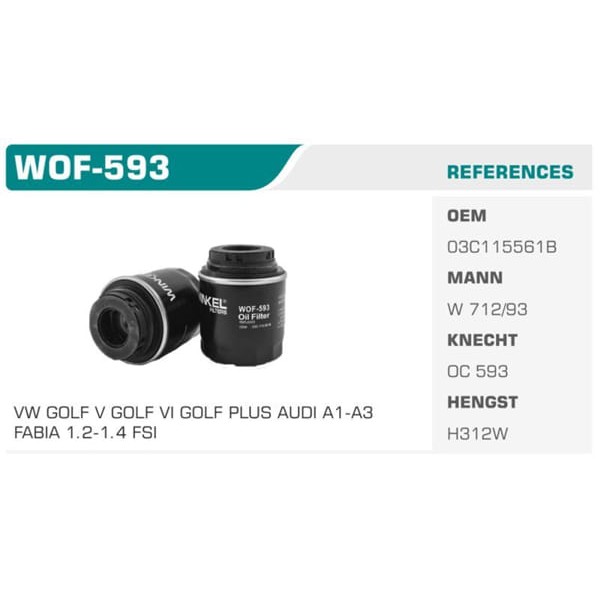 WINKEL WOF-593 Yağ Filtresi Golf V VI Polo Jetta III Passat 1.2 Tsı 1.4Tsı 1.4 Gtı 1.6 Fsı