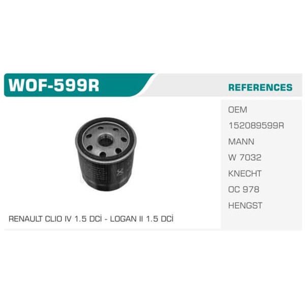 WINKEL WOF-599R Yağ Filtresi CLIO IV 12- / Logan II 12- Dokker 12- 1.5 DCI Koli: 40 Ad. 