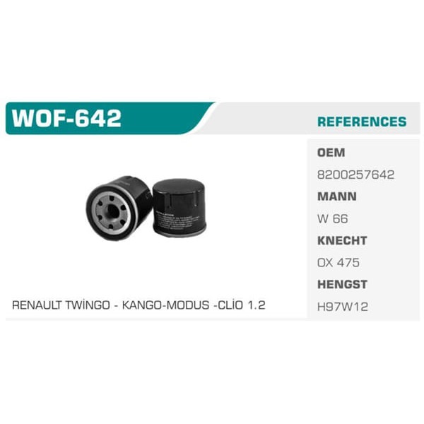 WINKEL WOF-642 Yağ Filtresi CLIO I II III Express Kangoo Modus Twingo / Sandero 1.2 16V Koli: 60 Ad.