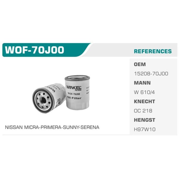 WINKEL WOF-70J00 Yağ Filtresi Primera P10 Micra K11 92-02 K12 03-10 Note 07-10 1.2 1.3 1.4 2.0 Koli: