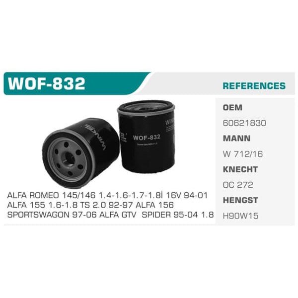WINKEL WOF-832 Yağ Filtresi Doblo Uno Marea Panda 03- / 145 95- 146 96- 147 01-10 156 00- 1.1 1.2 1. 