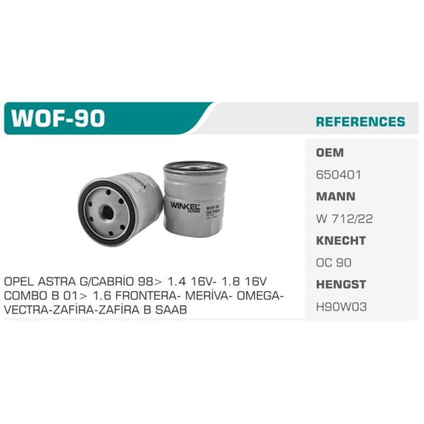 WINKEL WOF-90 Yağ Filtresi Astra F G Vectra B C 02- Corsa A B Corsa C 00- Combo 05- Zafira Merıva / 