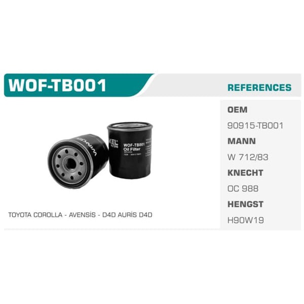 WINKEL WOF-TB001 Yağ Filtresi Favorıt Felıcıa / Corolla 04-10 Auris 07-10 1.4 D4D 