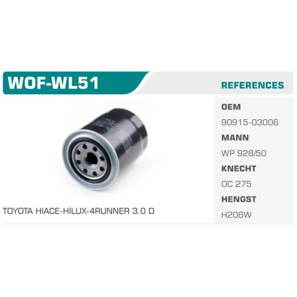 WINKEL WOF-WL51 Yağ Filtresi Ranger / Hıace 90- Hilux 89-97 / B2500 Koli: 20 Ad.
