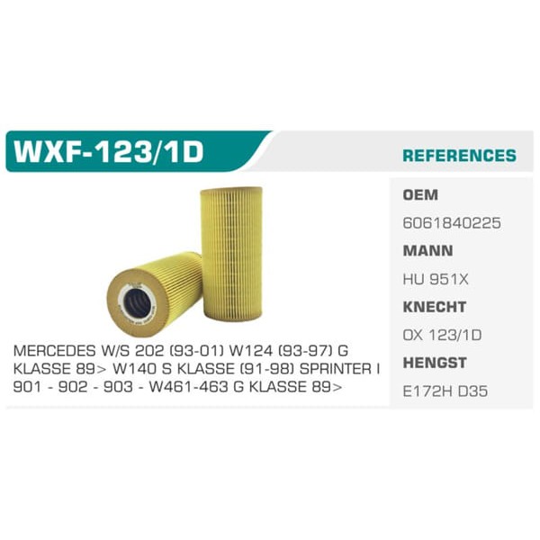 WINKEL WXF-123-1D Yağ Filtresi Mercedes C E M Seri Sprinter Vito Eco Koli: 50 Ad. 