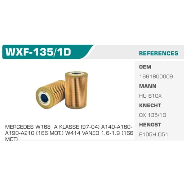 WINKEL WXF-135-1D Yağ Filtresi Mercedes A Class W168 A140 A160 A190 Vaneo 02-05 Eco Mann Tipi Koli: