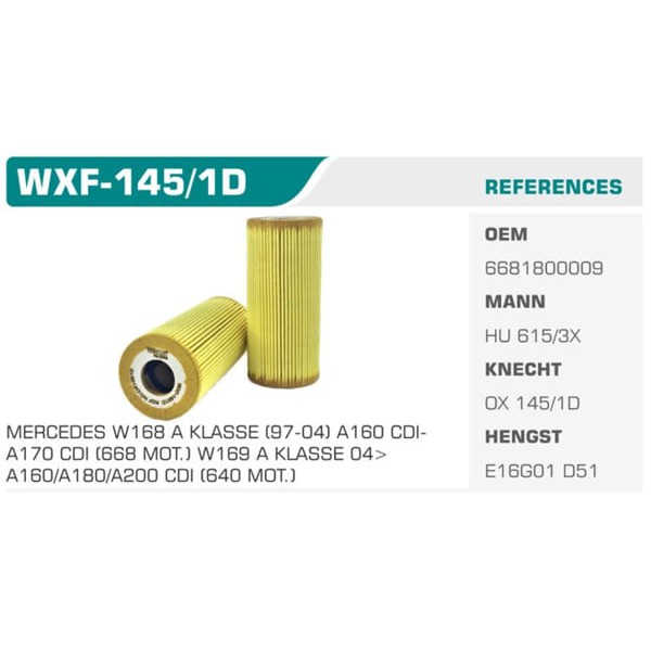 WINKEL WXF-145-1D Yağ Filtresi Mercedes A Serisi-B Serisi Vaneo Eco Koli: 50 Ad.