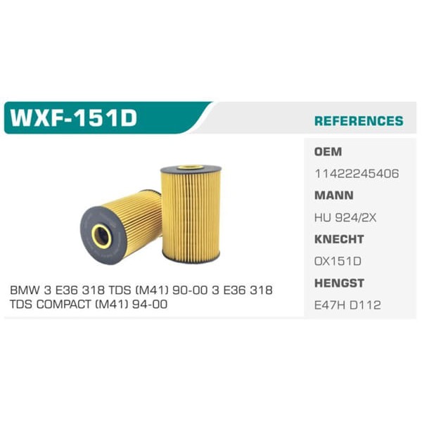WINKEL WXF-151D Yağ Filtresi Bmw 3 E36 318 Tds Eco Koli: 50 Ad.