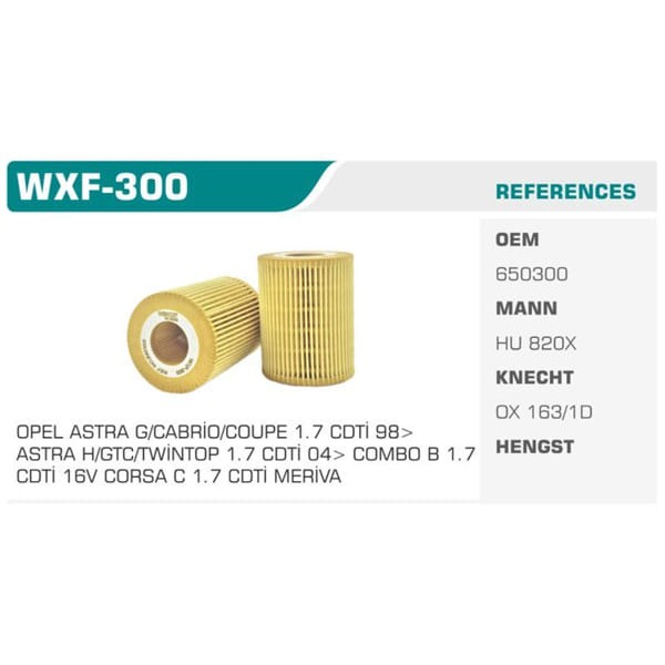 WINKEL WXF-300 Yağ Filtresi Astra G 00-05 H 04- Corsa C 01- Combo B Merıva 03-10 1.7 Cdtı Y17Dt Eco